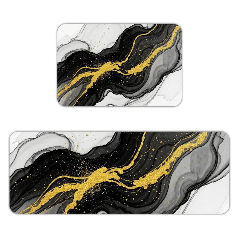 Ensemble de 2 tapis de sol de luxe en flanelle à motif tourbillon d'encre dorée