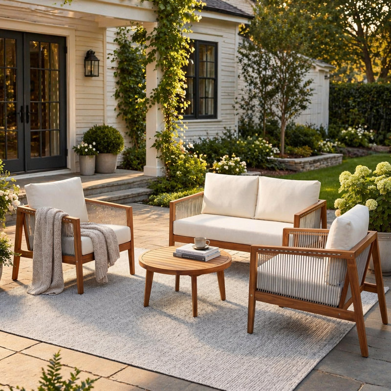 Ensemble de patio extérieur 4 pièces avec bois d'acacia, corde et coussins hydrofuges pour des sièges élégants et confortables