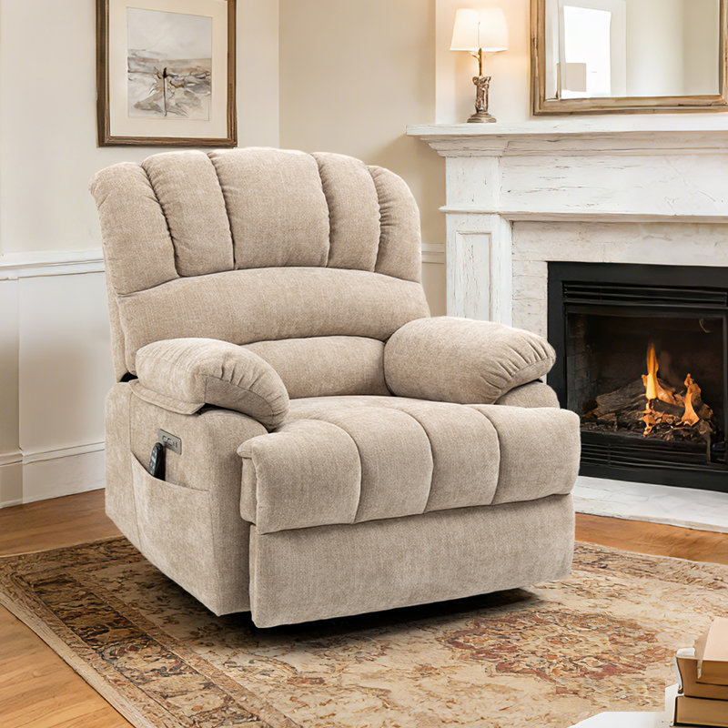 Emalina High Back Large Size Power Lift Assist Recliner with Heat, Massage, Beige Chenille