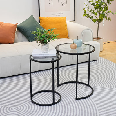 Ryett 2 End Tables with Metal Base Round Table with Tempered Glass Tabletop