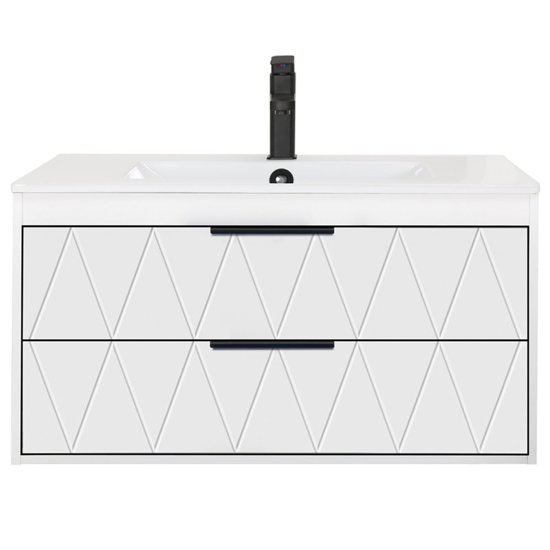 Ciarra Makowski 36'' Wall Mounted Floating Bathroom Vanity Set with Sink Top, Zinc Alloy Faucet, Soft-close Drawers, White