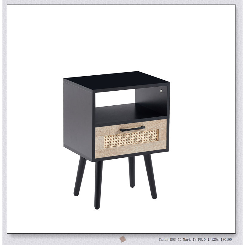 Table de bout en rotin de 15,75 pouces avec tiroir, table de chevet pour le salon, coulissante et sécuritaire, Noir
