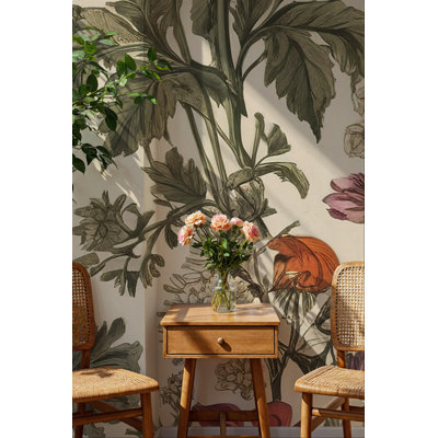 Retro Botanical Floral Wall Mural | Orange and Green Vintage Flower Wallpaper | Non-Woven or Peel and Stick