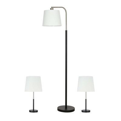 Ensemble de lampes de table / sur pied 3 pièces Catalina, abat-jour blanc nickel semi-lustré au fini noir lustré