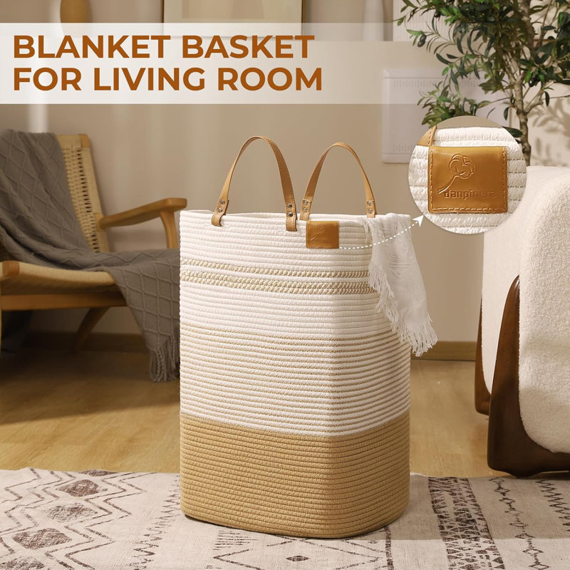 Large Laundry Hamper With Leather Handles - 75L Woven Cotton Storage Basket For Clothes, Blankets, Toys - Foldable Space-Saving Design For Home Organization