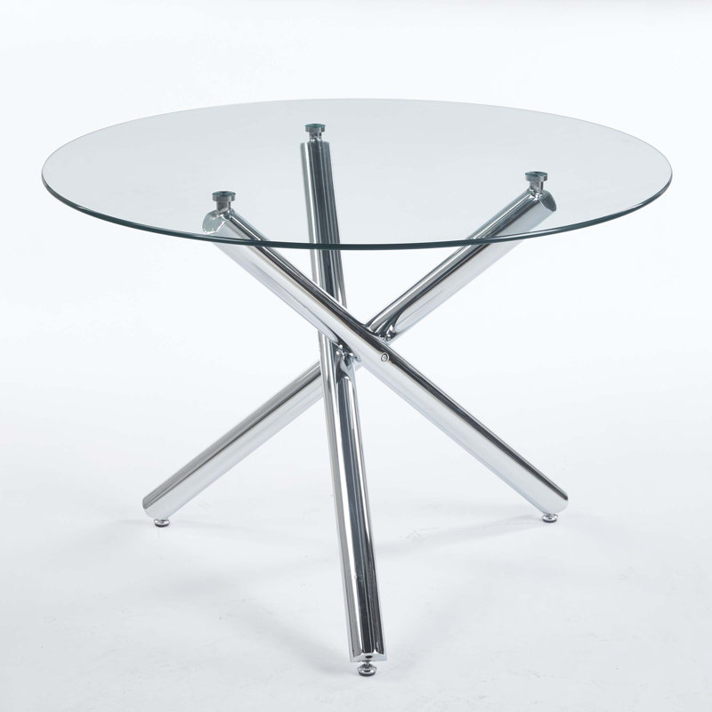 Round Dining Table with metal leg and tempered glass,Modern Space Saving Kitchen Table for Living Room, Chrome