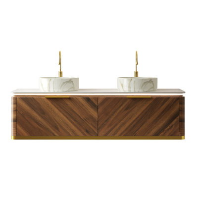 Meuble-lavabo de 60 po avec lavabo, armoire de rangement flottante en contreplaqué, 2 lavabos ronds blancs en céramique et comptoir en pierre frittée, pré-assemblé, finition noyer foncé