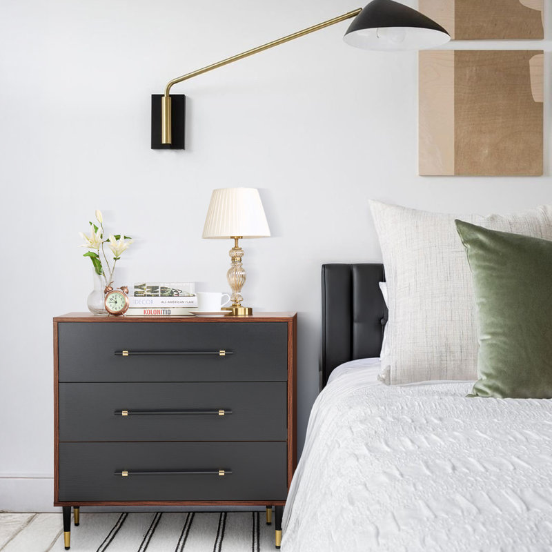 Commode de chambre à coucher 3 tiroirs Mid-Century moderne avec tiroirs noirs