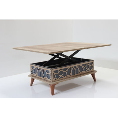 Mid-Century Modern Lift-Top Extendable Rectangle Assembled Coffee Table With Geometric/Trellis Storage