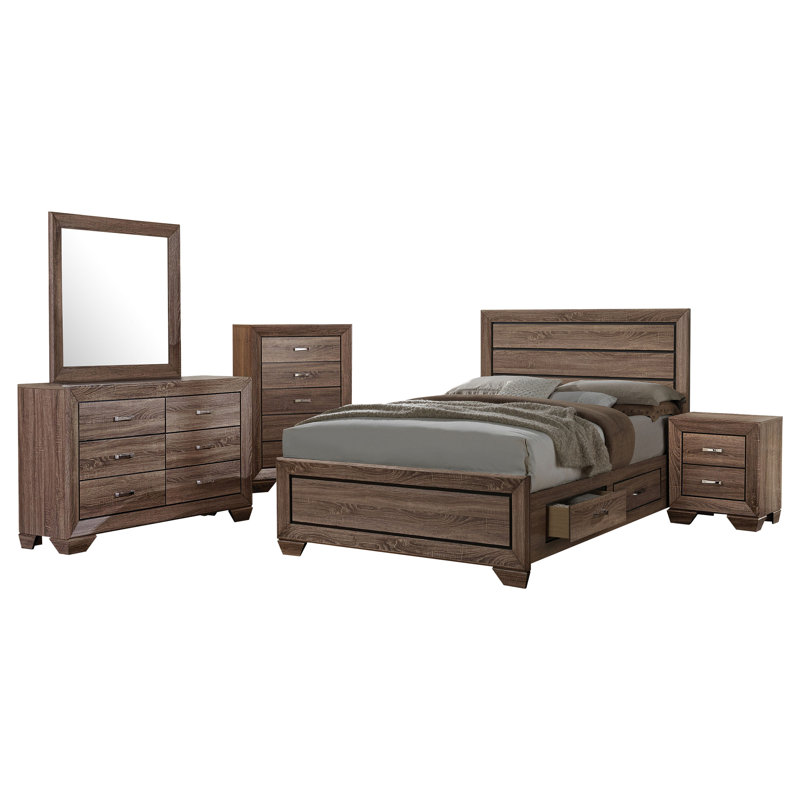 Ensemble de chambre à coucher, Très grand californien, Brun, 5 pièces : lit, table de chevet, commode, miroir
