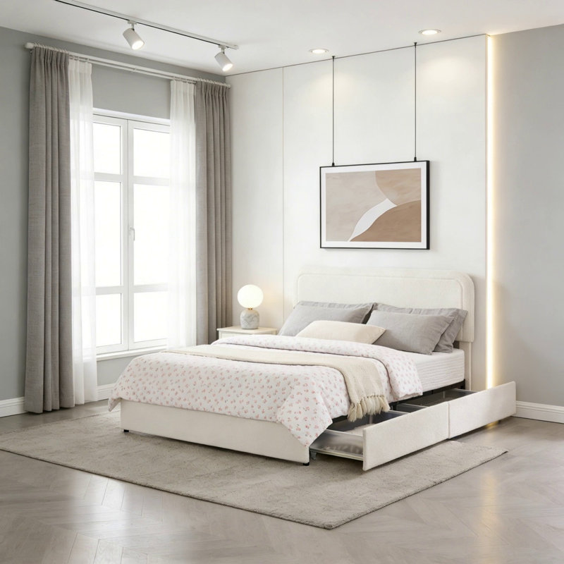 Grand lit plateforme tapissier ivoire