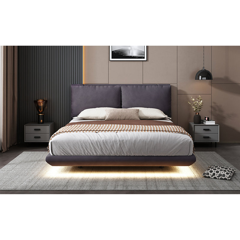 Lit plateforme tapissier gris avec capteur et 2 dossiers, Gris, Grand lit