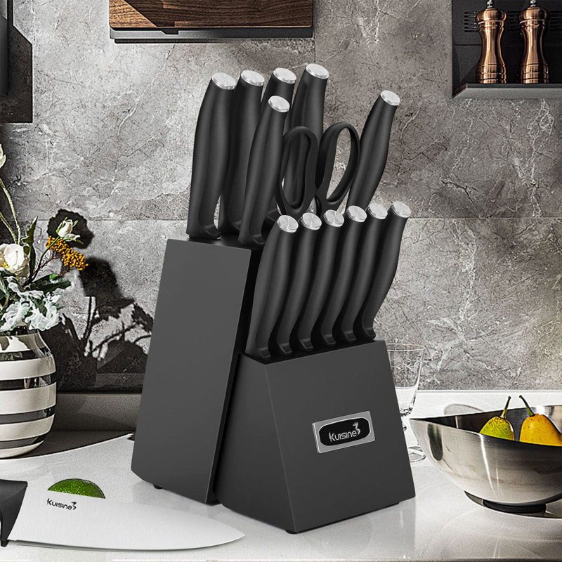 Ensemble de blocs de couteaux noirs 15 pièces, ensemble de couteaux de chef en PP, lame en acier à haute teneur en carbone, porte-couteaux à aiguiser intégré, couteaux de cuisine et ciseaux