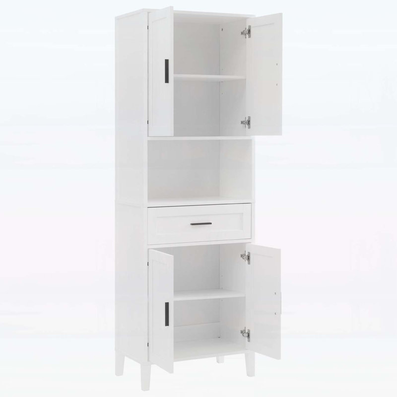 Armoire de salle de bain moderne avec tiroir, portes à fermeture en douceur et rangement ouvert, rangement polyvalent, Blanc