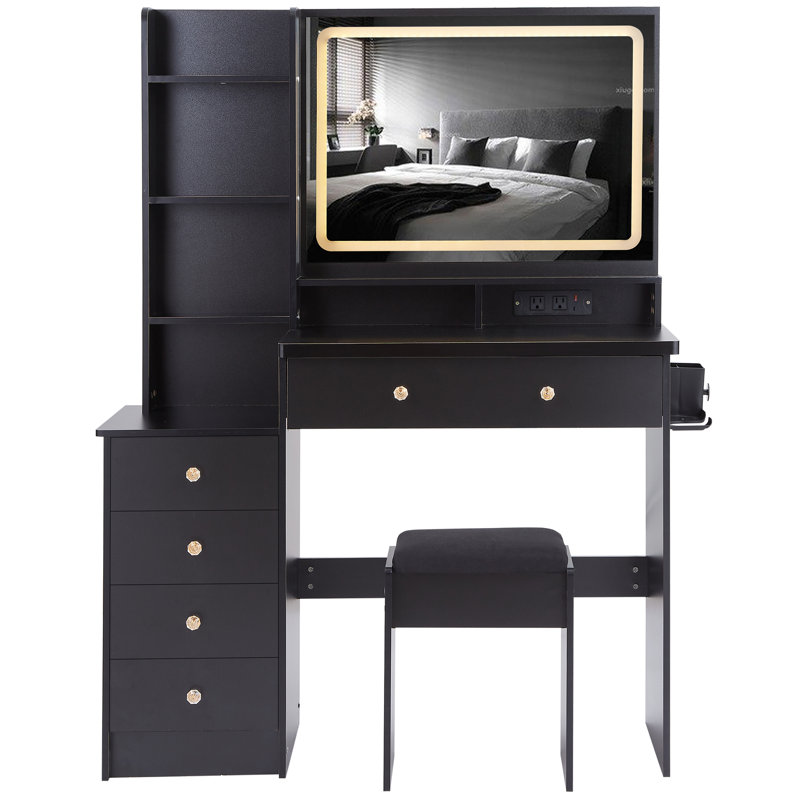 Ensemble de meuble-lavabo de 41 po avec miroir à DEL, tabouret rembourré, armoire de rangement gauche, prises de courant et ports USB, support pour sèche-cheveux, éclairage tactile 3 couleurs