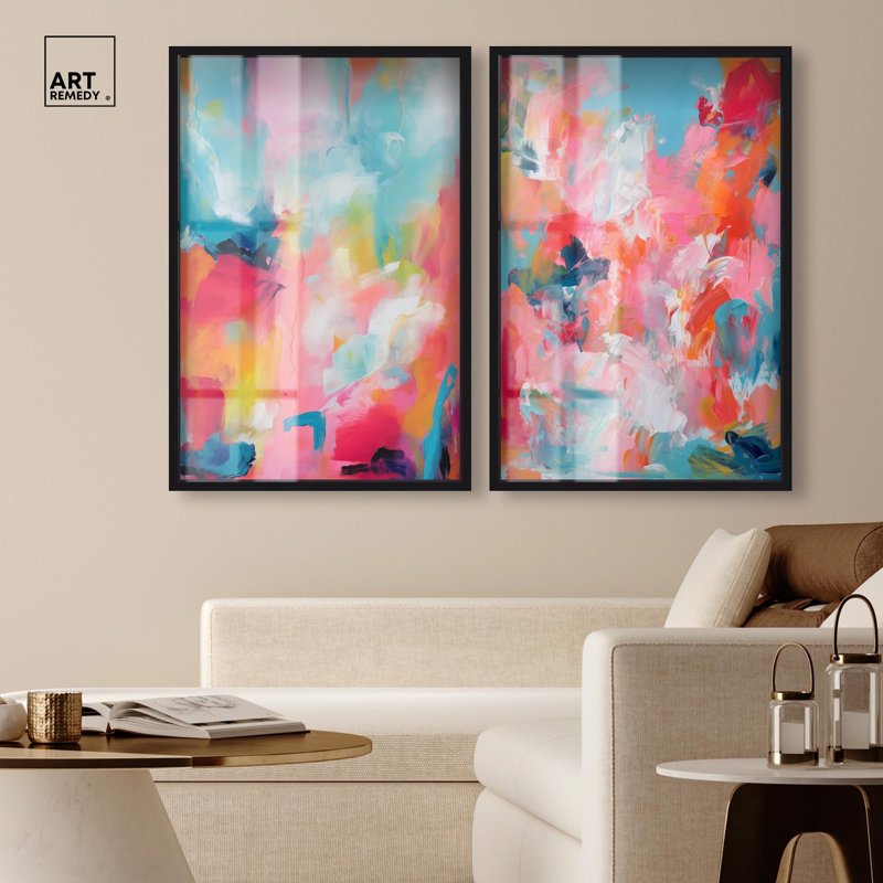 Décoration murale colorée Vibrant Abstract Echo Duo Shadowbox par Art Remedy, cadre blanc, 30 x 45, H 46 po x l 31 po