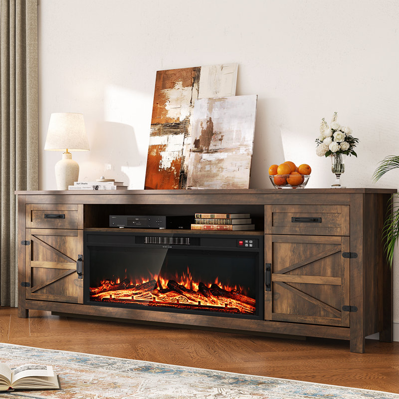 70"W Farmhouse Fireplace Tv Stand With 36" Electric Fireplace,  Wood Entertainment Center for TVs up to 80",  TV Console Table with Drawers & Cabinets