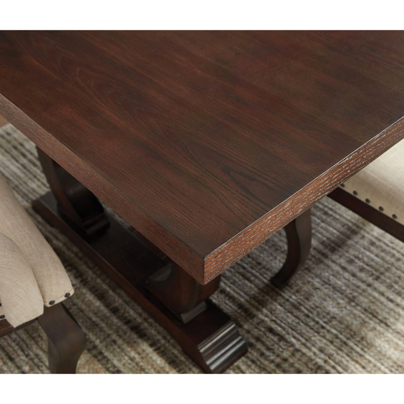 Table de salle à manger rectangulaire transitionnelle, brun orge vieilli, base à tréteaux et dégagement généreux pour les jambes de style antique, rallonge de 20 pouces à grain vieilli pour la cuisine