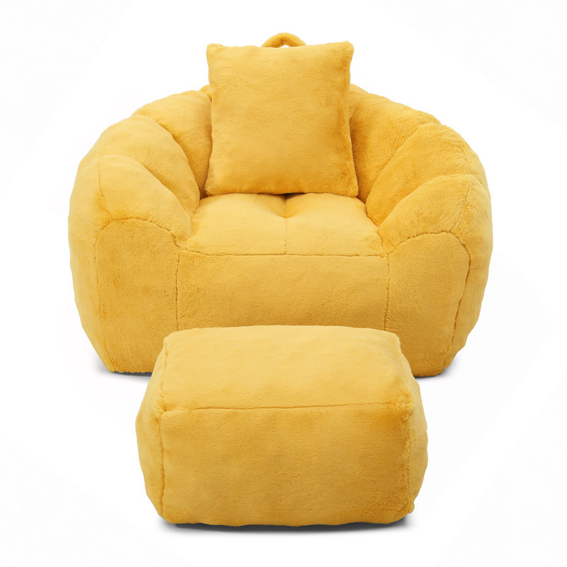 Giant Bean Bag Chair With Footstool, Oversized Bean Bag, Faux Fur Shell-Shaped Large Chair With Filler, Stuffed Big Accent Sofa, Floor Sofa For Gaming,Reading Living Room Bedroom