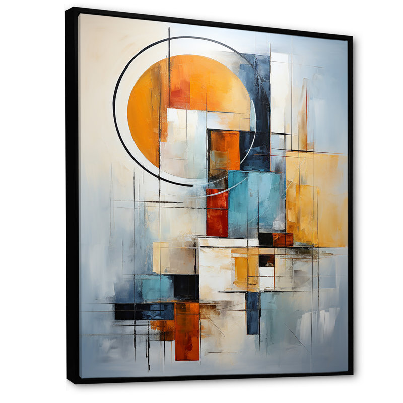 Orange And Blue Cubism Assemblage I - Abstract Collages Wall Art Living Room, Black Floater Framed, 40" H x 30" W x 1.5" D