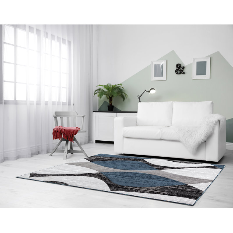 Gris abstrait/Tapis décoratif bleu, Rectangle 7 pi 10 po x 10 pi 6 po