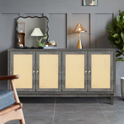 Handcrafted Premium Grain Panels, Rattan Sideboard Buffet Cabinet With 4 Rattan Doors, Modern Storage Cupboard Console Table With Adjustable Shelves For Living Room