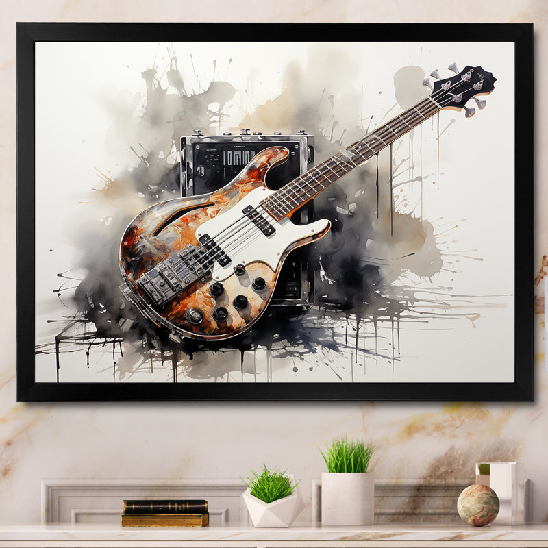 «Brown Charcoal Guitare», art mural sur toile, Cadre d'angle fermé noir, H 24 po x l 32 po x P 1 po