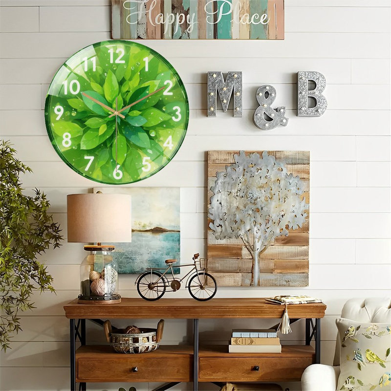 Horloge murale verte en forme de feuille verte avec gouttelettes d'eau 12 po