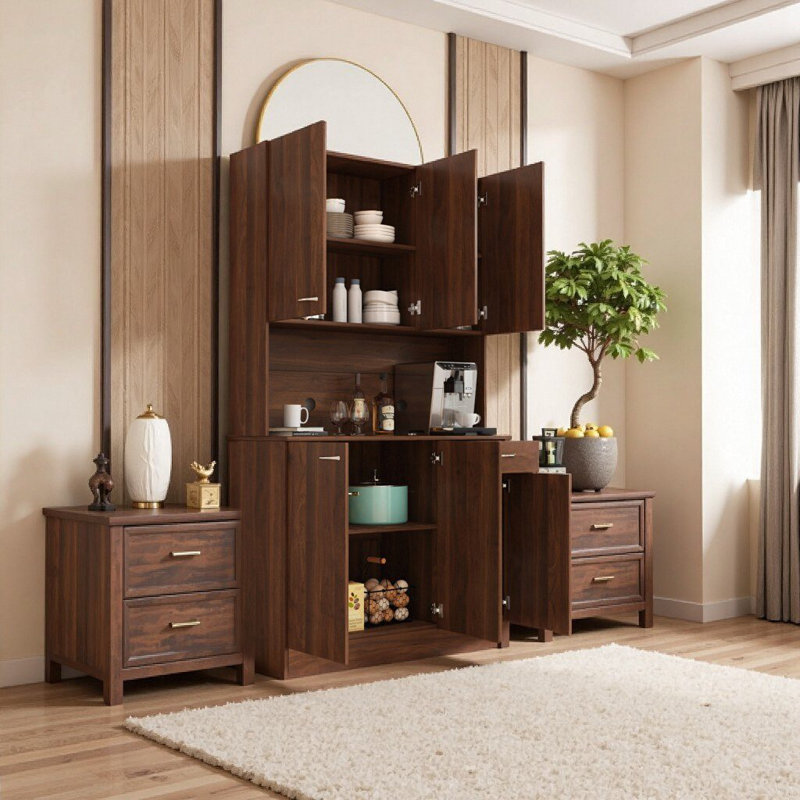 70.87" Tall Walnut Finish Wardrobe & Storage Cabinet - 6 Doors, Drawer & Open Shelf for Bedroom or Kitchen
