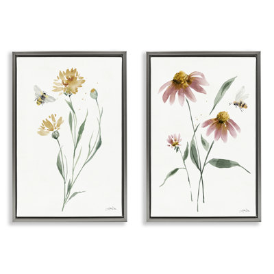Flower Stem Bees 2 Pc Framed Floater Canvas Set By Katrina Pete