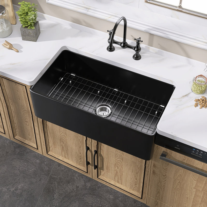 Glim Deep Single Bowl Fireclay Farmhouse Kitchen Sink with Sink Grid and Basket Strainer in Black, 10" H x 18" W x 36" D
