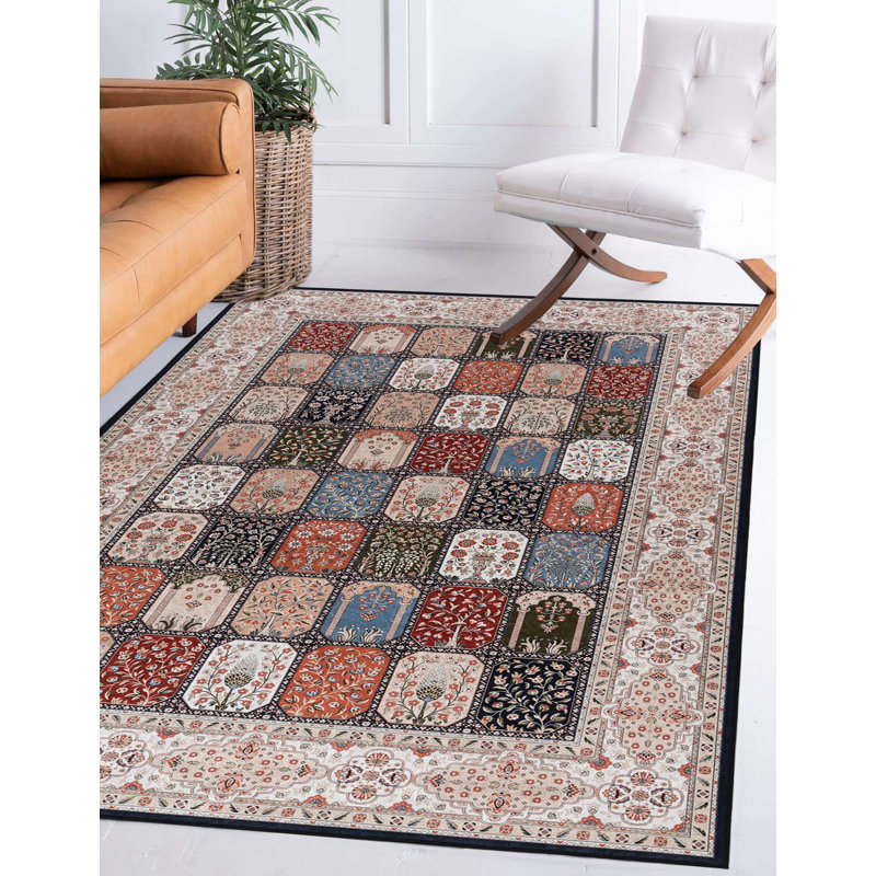 Tapis ivoire et noir tissé à plat à la machine avec envers antidérapant Emanuel , Rectangle 5 pi x 7 pi