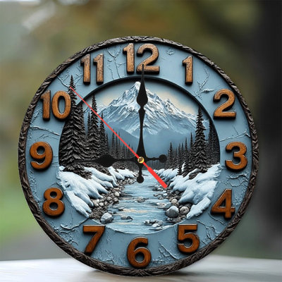 Mountain River Scene Wall Clock Rustic Wood