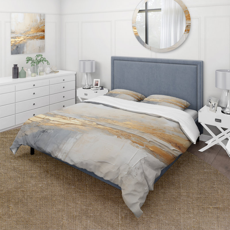 Golden et beige abstrait Fusion I - ensemble de housse de couette côtier - microfibre de polyester