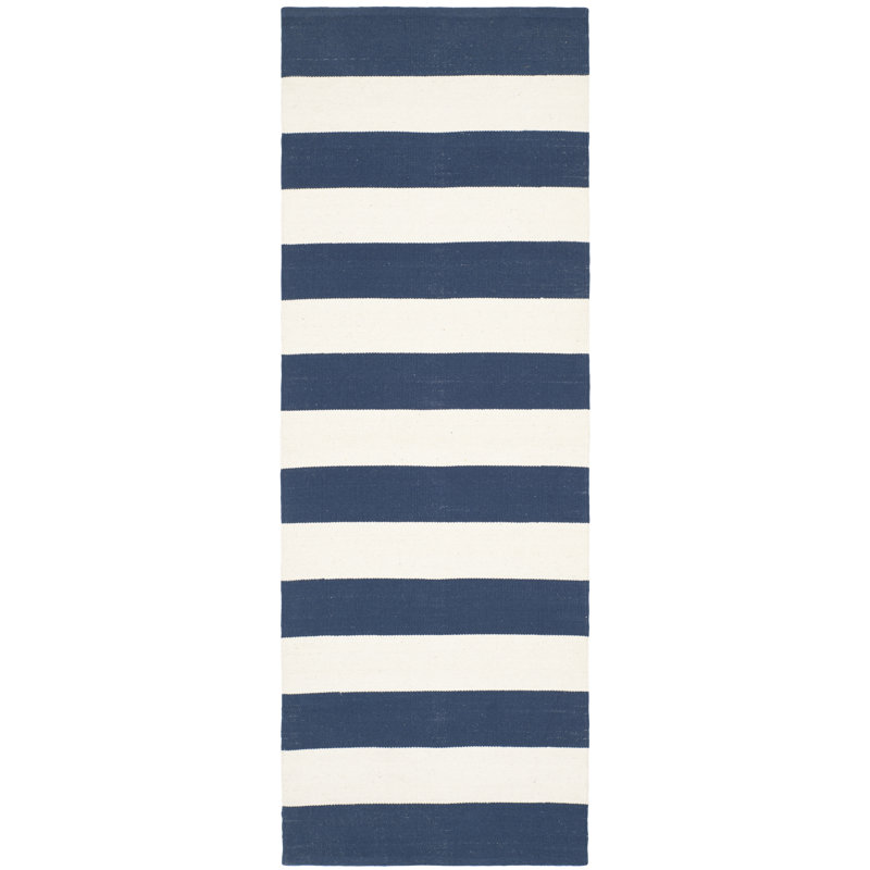 Brookvale Striped Handmade Flatweave Cotton Navy/Ivory Area Rug, Runner 2'3" x 6'