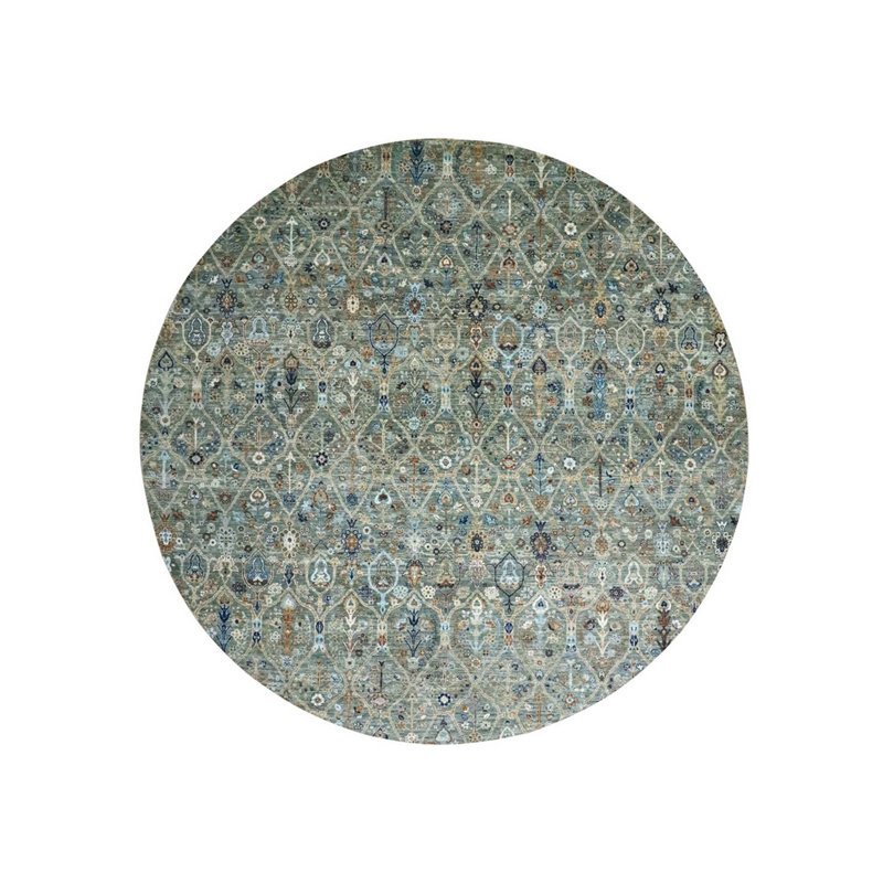 Tapis oriental rond en laine vert noué à la main New, Rond 11 pi 10 po