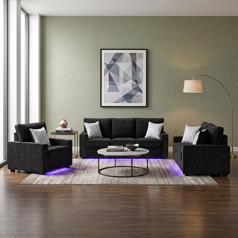 Gita 3 pièces noire, 3 Pieces: Loveseat, Sofa, Chair, Black