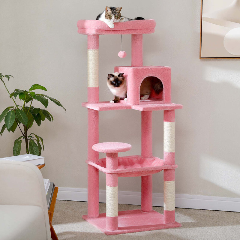Tour pour chat d'intérieur à plusieurs niveaux avec hamac, poteaux à griffer, condo confortable et perchoir supérieur pour le jeu et le repos félins