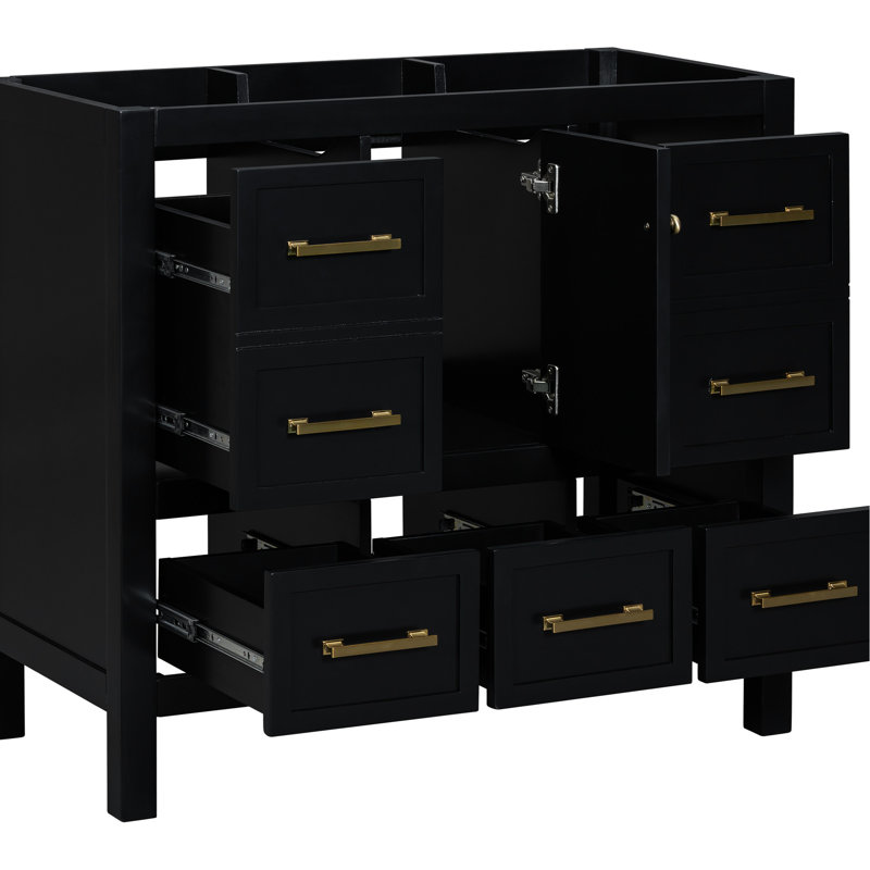 36'' Bathroom Vanity, Solid Wood & Construction, 5 Drawers Smooth Slide Rail, Black Elegant Vanity Without Sink, Soft Closing Doors, Storage Cabinet