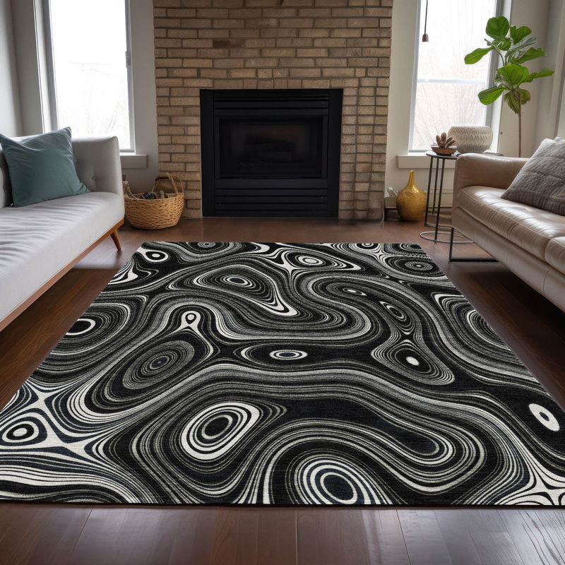 Machine Washable Indoor/Outdoor Xhevrie Black Rug, Rectangle 10' x 14'
