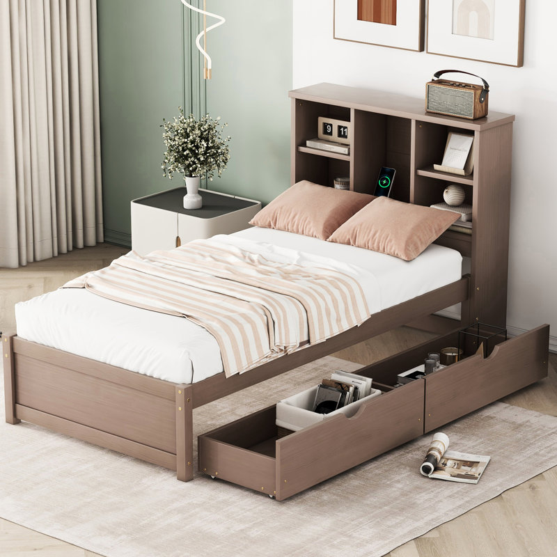 Structure de lit simple avec finition noyer et espace de rangement pratique coloré, Noyer