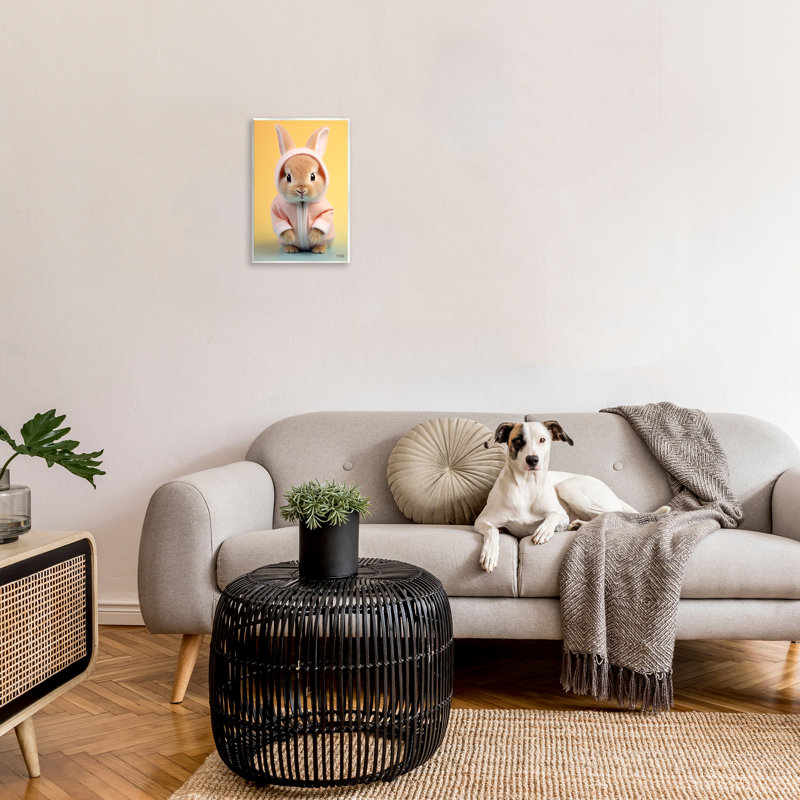 «Cozy Bunny on Yellow», art mural sur bois par RB, H 19 po x l 13 po