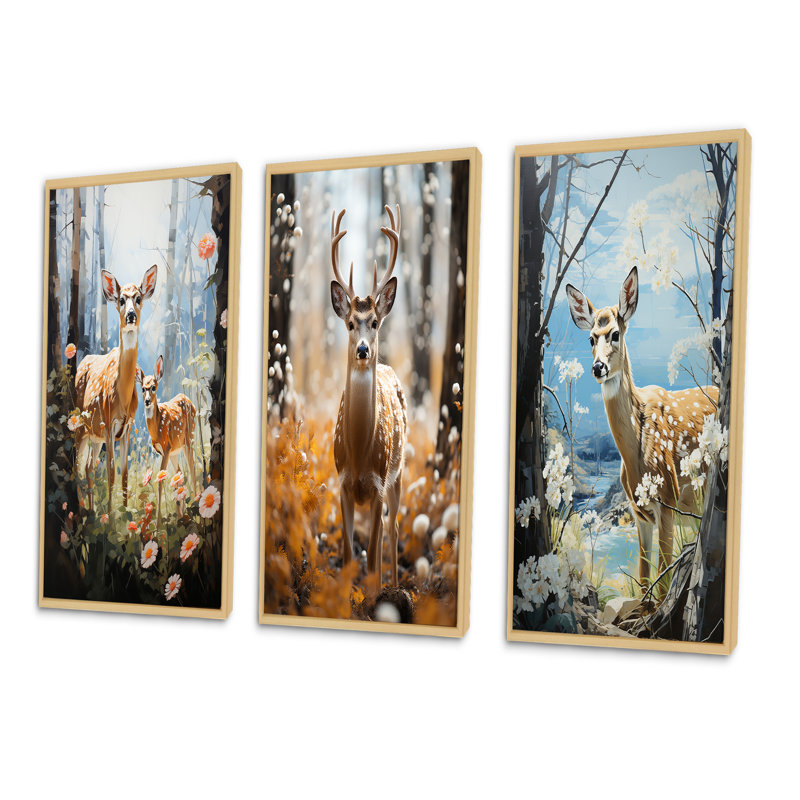 «Deer Graceful Fawn Pastoral», 3 pièces, Encadré naturel, H 32 po x l 48 po
