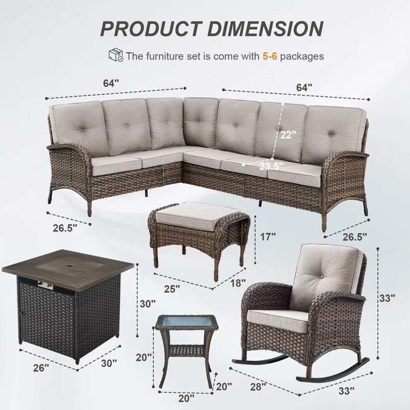 Valierius L-Shaped Outdoor Sectional Sofa Set With Fire Pit, Rocking Chairs & Ottomans, Beige