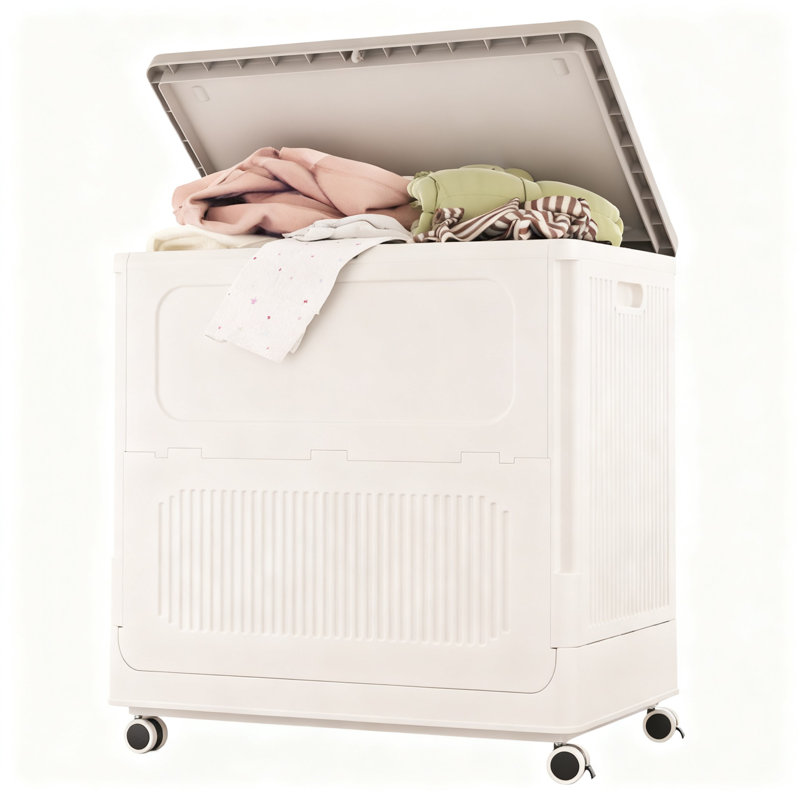 Rolling Laundry Hamper With Lid, 130L Large Capacity Clothes Hampers For Laundry, Plastic Collapsible Laundry Baskets With Wheels And Lid, Install-Free & Easy To Transport To Laundry Room, (Milky)