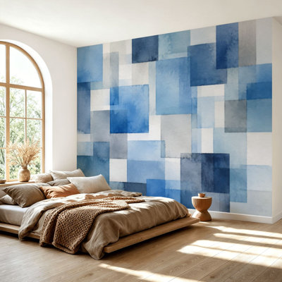 Papier peint adhésif autocollant à la mode chic bleu français gris beige beige blanc abstrait géométrique auto-adhésif contact mural décoration pour le salon chambre à coucher H 69 po x l 96 po