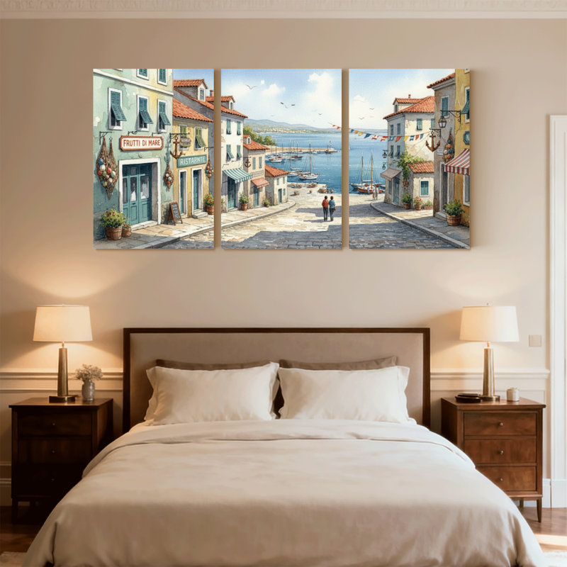 Ensemble de 3 impressions sur toile Scènes et paysages urbains de la ville côtière méditerranéenne, H 18 po x l 36 po