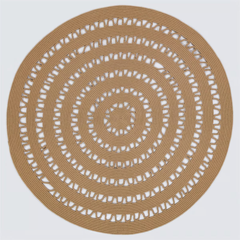Saveah&Sisal Beige Color Carpet Striped Design Machine Woven Cotton Polypropylene Washable Area Rug_24, Rond 3 pi 11 po