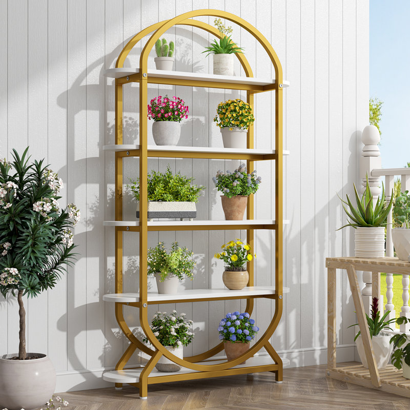 Tall Bookshelf Arched Bookcase, Modern 5-tier Book Shelves With Storage Organizer - Industrial Curved Freestanding Open Display Shelving Unit For Living Room, Library, Home Office, Gold