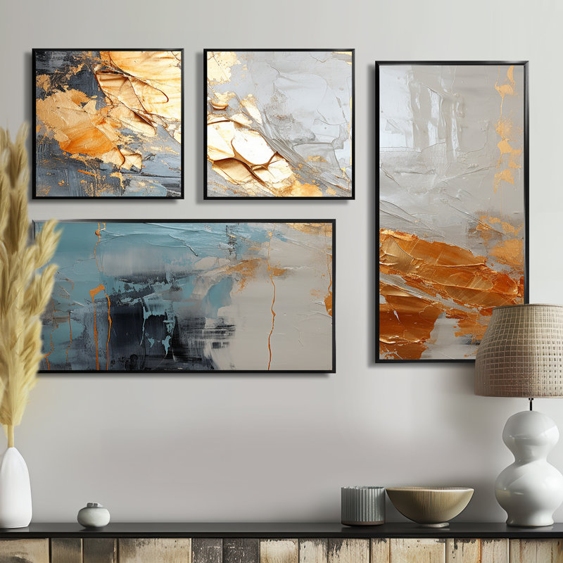 Gris, formes liquides modernes III - art moderne abstrait sur toile, 4 pièces, Noir, Impression encadrée sans passe-partout